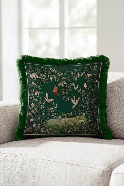 Evimde Bambaşka Fringed Pillowcase with Bird and Floral Botanical Design - Ga...
