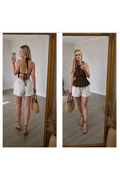 A.P Boutique Top negru/maro cu spate decupat si prindere reglabila