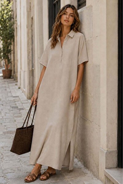 Madmext Stone Color Modal Fabric Maxi Shirt Dress Mg2866