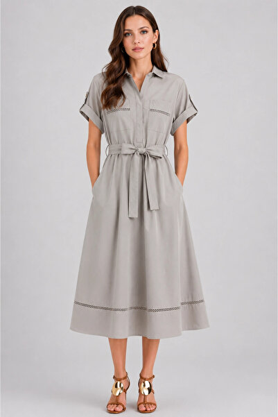 MetuCA Women's Gray Poplin Belted Midi Length Bohemian Pinterest Shirt Dress