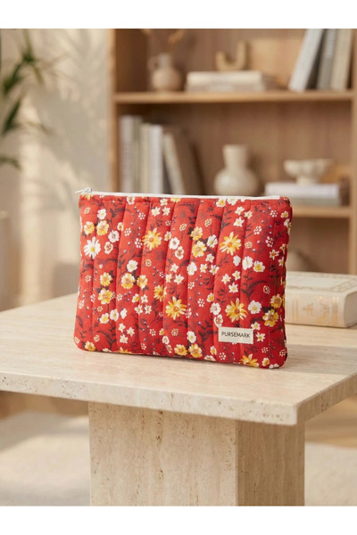 PURSEMARK Kırmızı Çiçek Desenli Tablet Kılıfı Fermuarlı El Yapımı Çanta