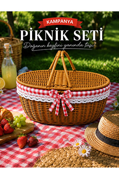 Pembelia Life Hasır Oval Piknik Sepeti Bambu Sepet Kapaklı Nostarjik Pötikare...