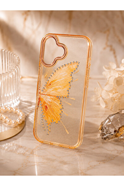 botyco Iphone 17 (6.3 inç) Uyumlu Simli Şeffaf Kelebek Desenli Renk Geçişli İ...