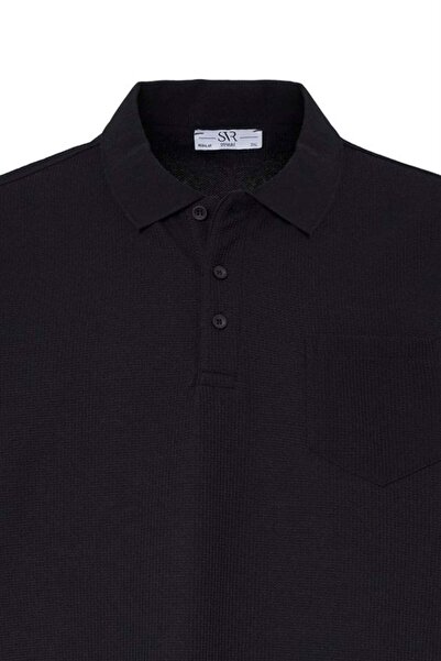 SÜVARİ Siyah Regular Düz Baskısız Waffle Düğmeli Polo Yaka Tişört