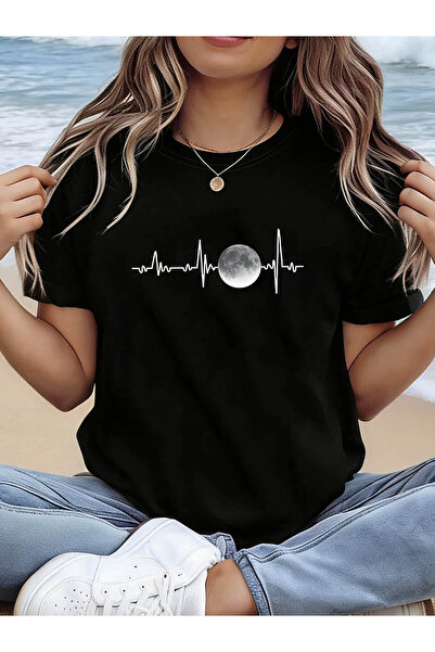 12 HERTZ Women'S Short-Sleeve T-Shirt a Moon Heartbeat Wind Pattern Print, Pe...