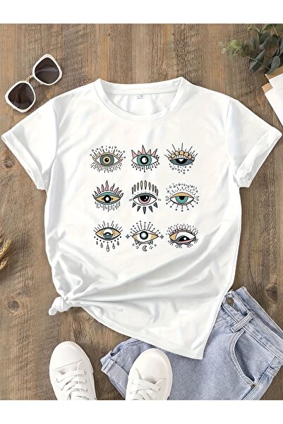 212Wear تي شيرت نسائي كاجوال بنقشة عيون، مصنوع من القطن الناعم والألياف المرن...