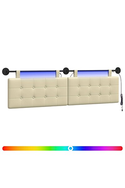 vidaxl Tăblie de pat suspendată Cu lumină LED Crem Piele artificială