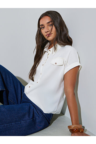 Styli Cream Short Sleeve Stitch Detail Shirt