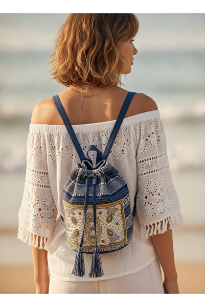 MILANO COLLECTION Rucsac boho crem, model paisley, lucrat manual, bun de plajă