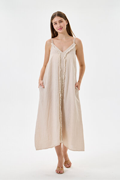 della moor Beige Italian 100% Linen Long Linen Dress with Tassels and Adjusta...