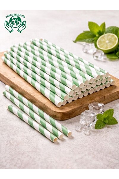 Zorlu Ekolojik Ürünler Yeşil Beyaz Çizgili Desenli Kağıt Pipet 8X200 mm 50 Ad...