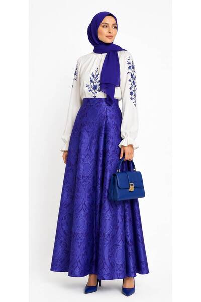 Muslima Wear Falda Isabella Saks Mor Oryantal Çiçek ve Yakut Desenli Çift Ast...