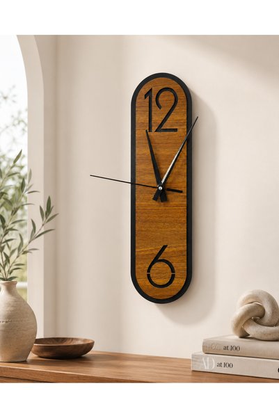 karbonsoft Ceas de perete silențios modern, din lemn, de culoare nuc, cu model și ramă neagră 40 × 11 cm