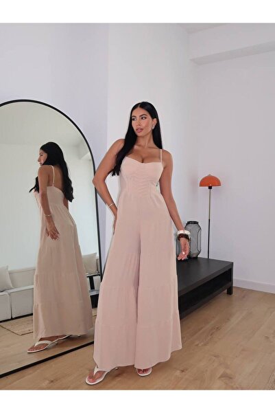 FLOWERİNG Women's Beige Corsage Stitching Detail Loose-Fitting Wide-Leg Jumps...