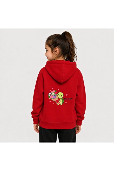 Birdirbir Kız Çocuk Sırt Kamplumbağa Ve For You Baskılı Kapşonlu Sweatshirt