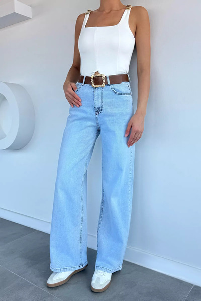 Aryena Blue Women's Belted Palazzo Jean Denim Trousers