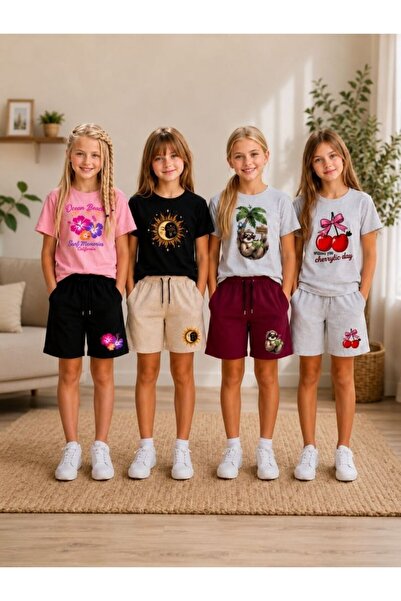 cm buseyiz C&M Girls' Multi-Colored Printed 4-Piece Shorts Set