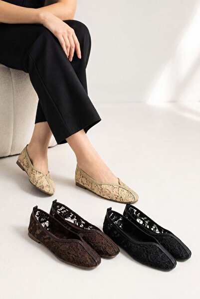 dabab shoes Floria Dantel Women's Flat Babet Lace Woven Floral Patterned Eleg...