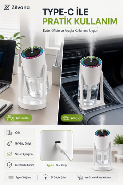 Zilvana 280 ml Adjustable Desktop Cool Mist Humidifier USB Type-C with Rgb Colorful Light and Star Projection White