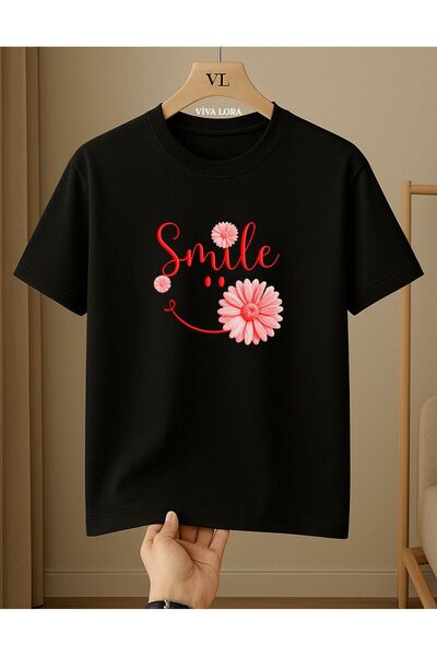 VİVA LORA Smile Daisy Printed 100% Cotton Crew Neck Regular Women's Black T-S...