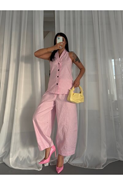 LB Laluna Butik Women's Linen Vest and Shalwar Pants Set