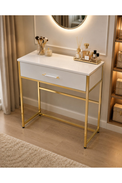 SAMPAŞ Gold Metal Ayaklı Tek Çekmeceli Makyaj Masası Modern Şifonyer Makyaj M...