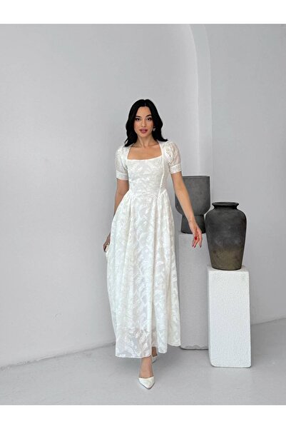 maf collection Women's White Rose Embroidered Square Neck Short Sleeve Lined ...