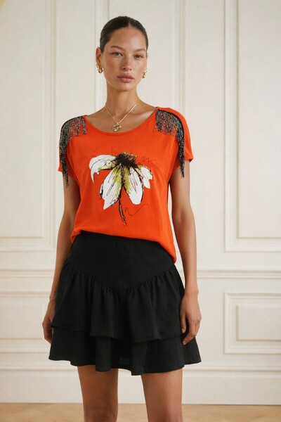 Okçu Triko Women's Floral Printed Shoulder Tassel Detailed Blouse-23Y53065-19