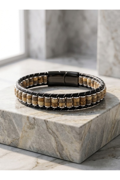 Parmas Design Odun Jasper and Hematite Steel Braided Leather Men's Gift Brace...