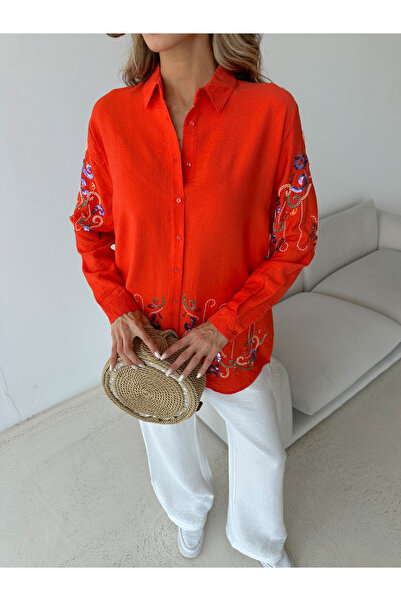 MİA NOURA Women's Oversize Shirt with Embroidered Front and Sleeves, Beaded Work