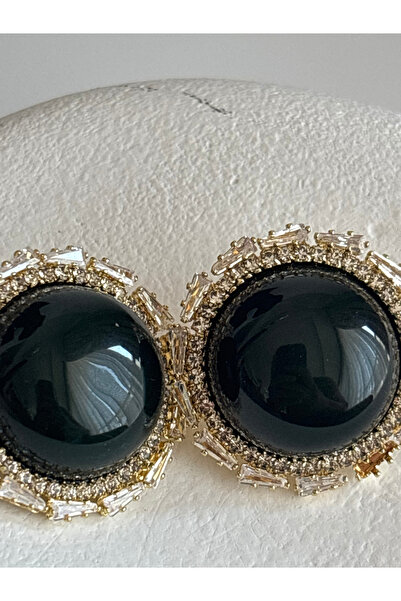 BHR AKSESUAR Black Round Earrings with Zircon Stone (2.8 cm)