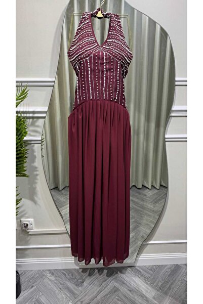 Kurtah Burgundy Sequined Maxi Evening Dress with Pleated Chiffon Skirt