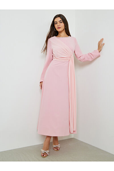 Take Two By Styli Light Pink Embellished Draped A-Line Maxi Dress
