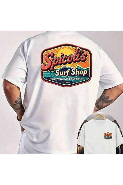 01THEONE تي شيرت Spicoli'S Surf Shop Retro بشعار ملون، ورسومات شمسية، ونص 'Ta...