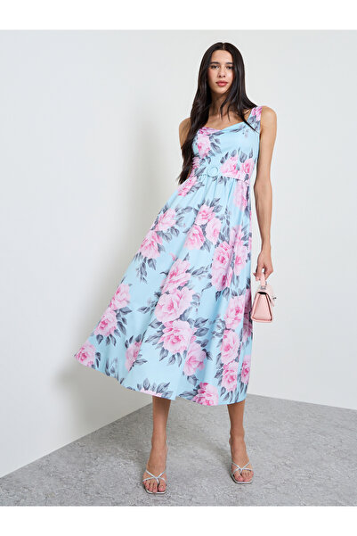 Styli Blue Floral A-Line Midi Dress