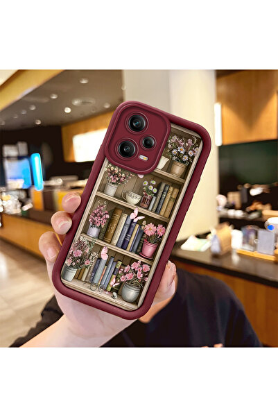PATTERNOVA Redmi Note 12 Pro 5G Uyumlu Retro kitap rafı ve kiraz çiçeği silik...