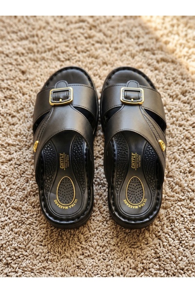 Chyfly Men Arabic Naal Sandals PU Leather Gold Buckle Ultra Massage Footbed A...