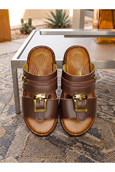 Chyfly Men Arabic Naal Sandals Gold Double Buckle PU Leather Ultra Massage Fo...