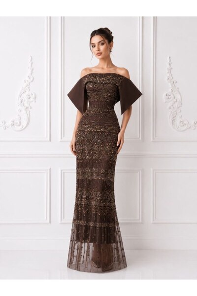 ranin Dark Brown Barbie Evening Dress Embroidered with Beads