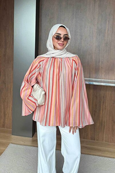 LOCCO Women's Colorful Stripe Pattern Inner Lined Tulle Blouse Orange