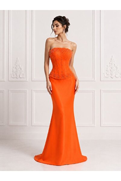 ranin Orange Barbie Evening Dress with Hand Embroidery