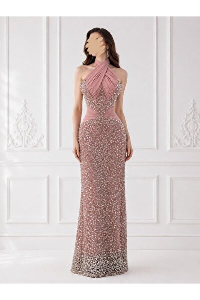 ranin Dusty Pink Evening Dress Crystal Beading