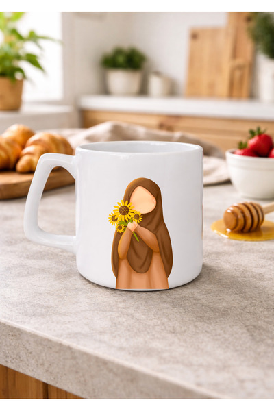 Eylül Design Printed Mug with Hijab Girl Design, Minimal Design, Luxury Coffe...