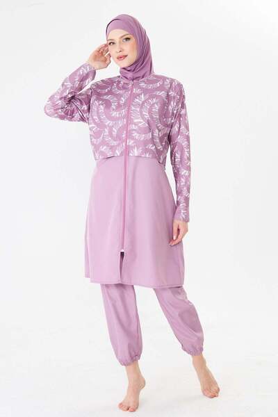 Fantasy Fully Covered Parachute Fabric Patterned Hijab Swimsuit Pink-3505