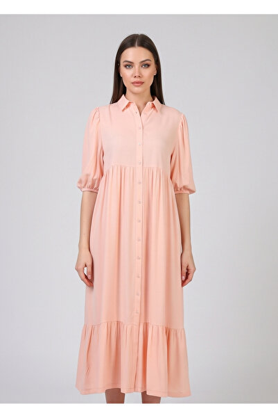 gökçesu Women's Short Balloon Sleeve Breathable Fabric Ruffle Relaxed Fit Dress