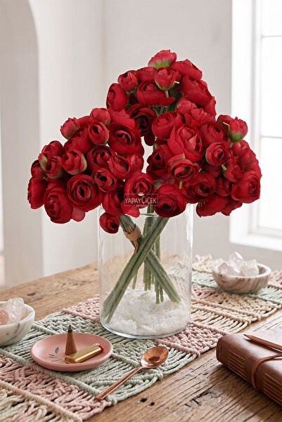 Yapay Çiçek Deposu Artificial Flower 9-Branch Muse Bud Peony Bunch 30 cm Red
