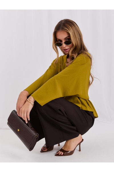 Italy Moda Bluza Dama Maneca lunga, Decolteu in V, ITALY MODA, Masliniu Elega...