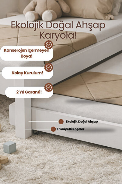 RENAZZO Canvas Yavrulu Ahşap Karyola - Modern Doğal Çam Çocuk ve Genç Yatak A...