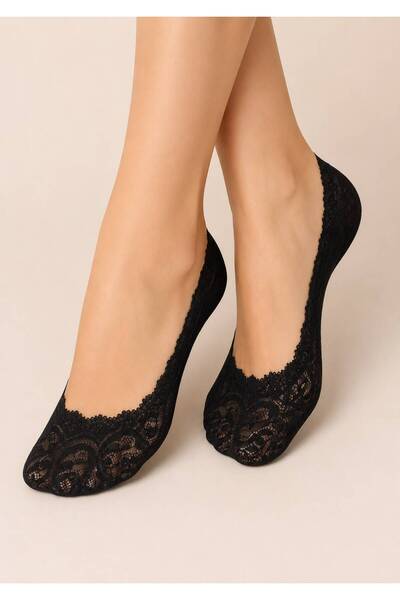 DÜVEN Black Color Lace Invisible Silicone Cotton Sole Ballerina Socks