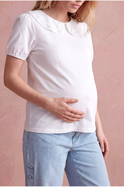 WESTMARK LONDON Maternity White Cotton Baby Collar Short Balloon Sleeve Blous...